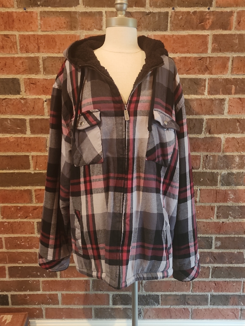 Machine Men's XXL Hooded Plaid Shirt Jacket in Black Gray Red